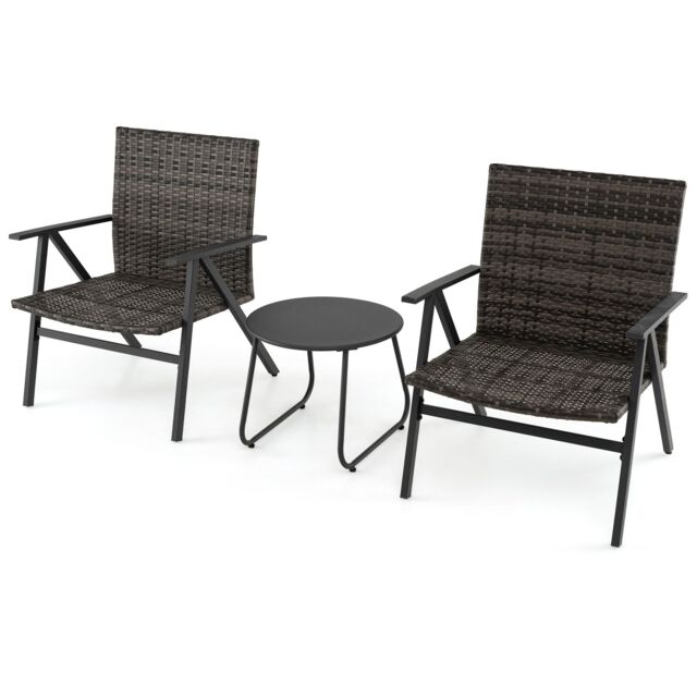 Costway 3PCS Patio Bistro Set Metal Frame Leisure Armchair & Table Set in Black - image 1