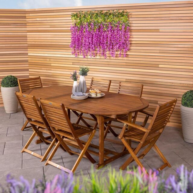 Charles Bentley Acacia Hardwood Furniture Set with Extendable Table & 6 Chai in Natural