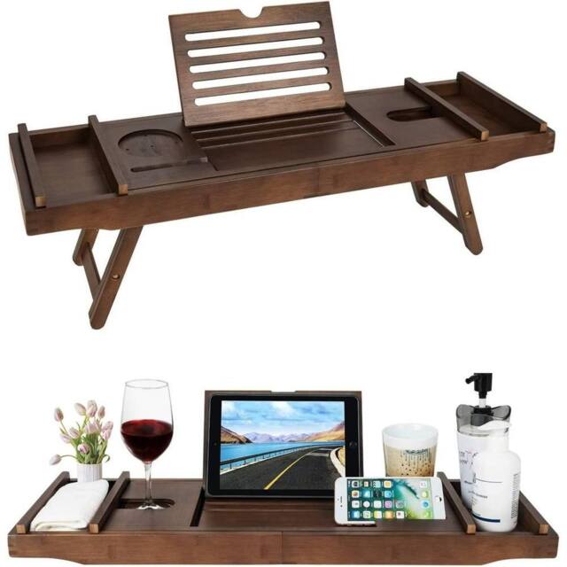 MANTRARAJ Bamboo Extendable Bath Tub Caddy with Folding Leg & Wine Tablet Holder in Dark Brown - image 1