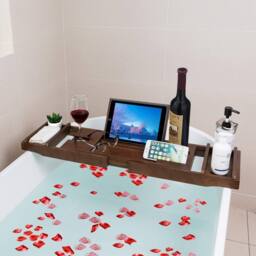 MANTRARAJ Bamboo Extendable Bath Tub Caddy with Folding Leg & Wine Tablet Holder in Dark Brown - thumbnail 5