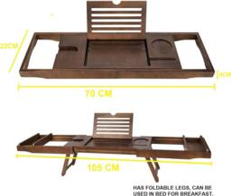 MANTRARAJ Bamboo Extendable Bath Tub Caddy with Folding Leg & Wine Tablet Holder in Dark Brown - thumbnail 2