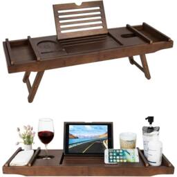 MANTRARAJ Bamboo Extendable Bath Tub Caddy with Folding Leg & Wine Tablet Holder in Dark Brown - thumbnail 1