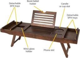 MANTRARAJ Bamboo Extendable Bath Tub Caddy with Folding Leg & Wine Tablet Holder in Dark Brown - thumbnail 4
