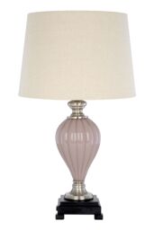 Orsina Pleated Glass Table Lamp, Tonal Pink & Natural Linen Shade, Stepped Iron Base Lamp for Bedside or Lounge