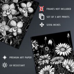 Artery8 Set of 3 Elegant Dahlia Daisy & Orchid Flowers Floral Black & White Striking Impact Artwork Unframed Wall Art Living Room Poster Prints Pack - thumbnail 4