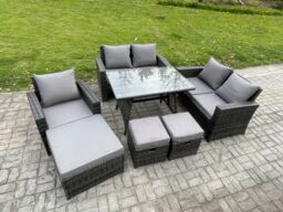 Fimous 8 Seater Garden Dining Set Wicker PE Rattan Outdoor Furniture Sofa with Rectangular Dining Table Double Seat Sofa Dark Grey Mixed - thumbnail 2