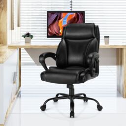 Costway Big & Tall Office Chair Ergonomic Leather Computer Chair w/ Rocking Backrest in Black - thumbnail 3