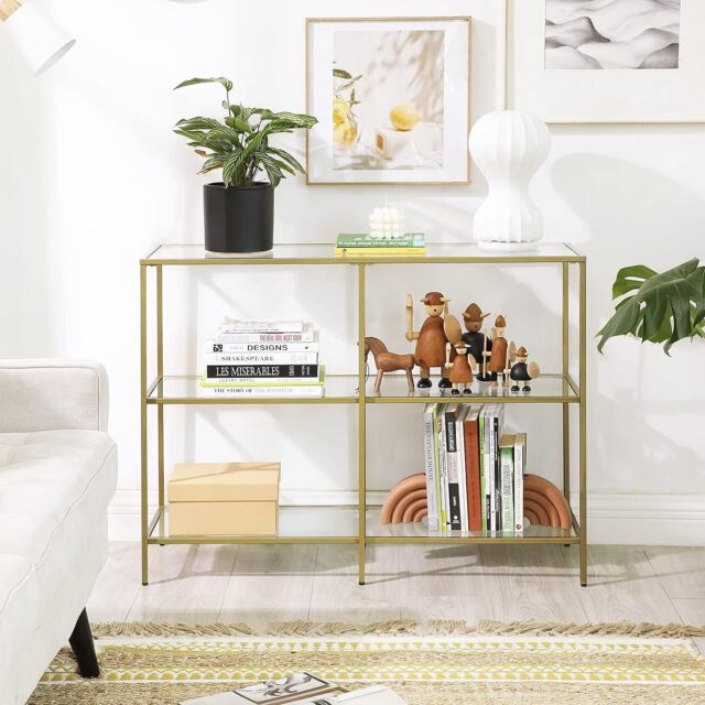 VASAGLE Console Coffee Table with 3 Glass Shelves Steel Frame Modern in Gold - image 1