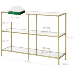 VASAGLE Console Coffee Table with 3 Glass Shelves Steel Frame Modern in Gold - thumbnail 3
