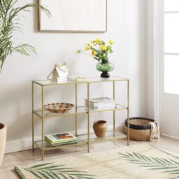 VASAGLE Console Coffee Table with 3 Glass Shelves Steel Frame Modern in Gold - thumbnail 4