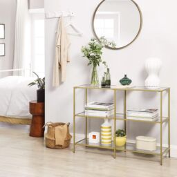 VASAGLE Console Coffee Table with 3 Glass Shelves Steel Frame Modern in Gold - thumbnail 5