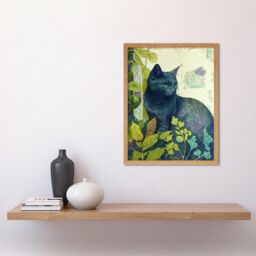 "Artery8 Wall Art Print Russian Blue Cat with Bright Ornate Plants Modern Art Nouveau Art Framed in Light Oak - Size: W12"" x H16""" - thumbnail 2