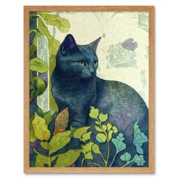 "Artery8 Wall Art Print Russian Blue Cat with Bright Ornate Plants Modern Art Nouveau Art Framed in Light Oak - Size: W12"" x H16""" - thumbnail 1