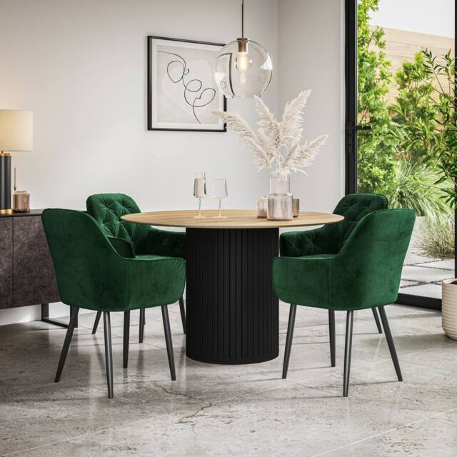 More4Homes Arlo Oak Table Top W Black Legs + Anika Velvet Dining Chair Set Of 4 in Green - image 1