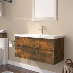 Berkfield Home Sink Cabinet with Built-in Basin Smoked Oak Engineered Wood in Brown - thumbnail 2