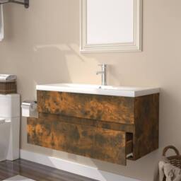 Berkfield Home Sink Cabinet with Built-in Basin Smoked Oak Engineered Wood in Brown - thumbnail 1