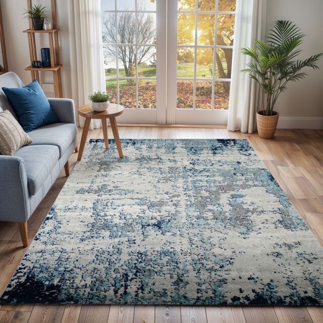 Livabliss Sunderland-Abstract Blue Grey Modern Marble Living Dining Bedroom Rug in Navy - Size: 80 cm x 150 cm - image 1