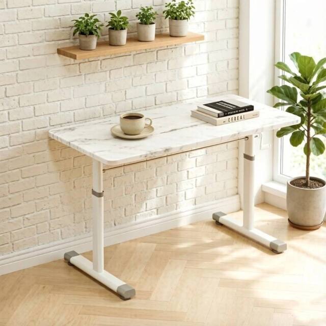 VOGREX White Marble MDF Hand Crank Height Adjustable Computer Desk - image 1