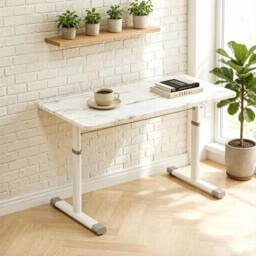 VOGREX White Marble MDF Hand Crank Height Adjustable Computer Desk