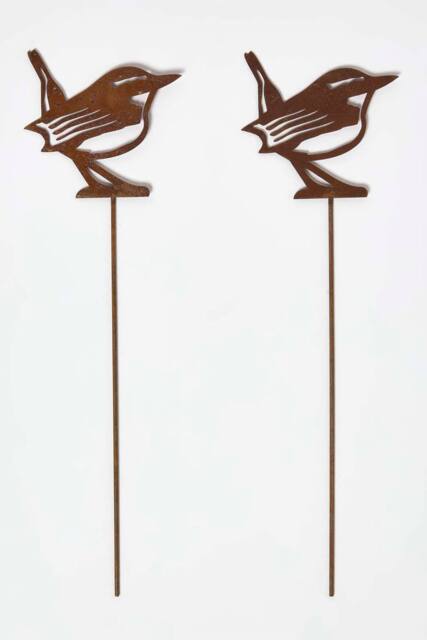 Homescapes Steel Eurasian Wren Garden Stake Decorations, Set of 2 in Brown - image 1