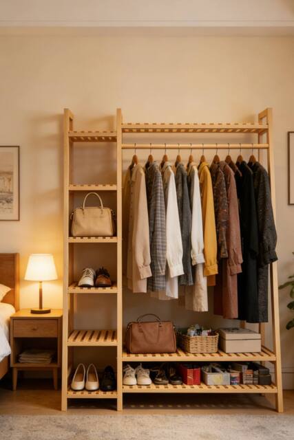 ExtraStar Anti-Tipping Trapezoidal Bamboo Clothing Rack with Side Shelves in Natural - image 1