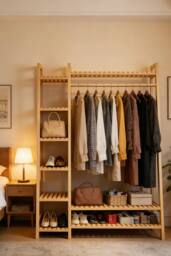 ExtraStar Anti-Tipping Trapezoidal Bamboo Clothing Rack with Side Shelves in Natural