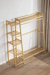 ExtraStar Anti-Tipping Trapezoidal Bamboo Clothing Rack with Side Shelves in Natural - thumbnail 3