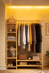 ExtraStar Anti-Tipping Trapezoidal Bamboo Clothing Rack with Side Shelves in Natural - thumbnail 2