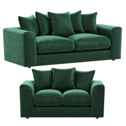 Furnishings For Less UK Brooklyn Plush Velvet Fibre Fabric Sofa Set 3 & 2 Seater sofa in Green