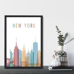 ARTZE New York Colourful City Skyline Framed Print SIZE: A3 with Black Frame in Pale Blue - Size: A2 - thumbnail 2
