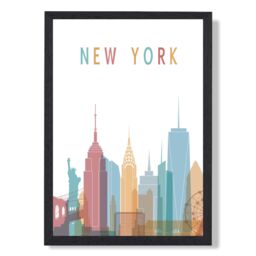 ARTZE New York Colourful City Skyline Framed Print SIZE: A3 with Black Frame in Pale Blue - Size: A2 - thumbnail 1