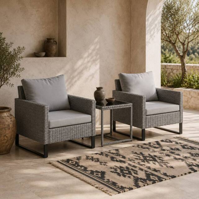 Wyld Haus Dobaso 3 Piece Grey Rattan Bistro Set with Tempered Glass Table - image 1