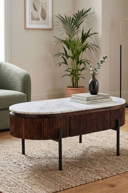 IH Design Farleigh Mango Wood Fluted Coffee Table Marble Top in White - image 1