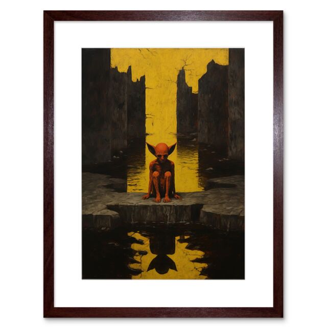 Artery8 Wall Art Print Nosferatu Lair Conceptual Art Oil Painting Yellow Sky Castle Ruins Red Demon Water Reflection Artwork Framed 9X7 Inch - image 1