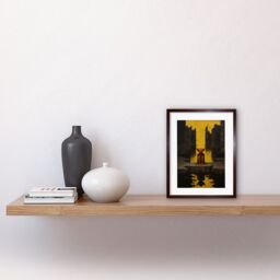 Artery8 Wall Art Print Nosferatu Lair Conceptual Art Oil Painting Yellow Sky Castle Ruins Red Demon Water Reflection Artwork Framed 9X7 Inch - thumbnail 2