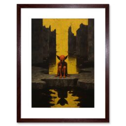 Artery8 Wall Art Print Nosferatu Lair Conceptual Art Oil Painting Yellow Sky Castle Ruins Red Demon Water Reflection Artwork Framed 9X7 Inch - thumbnail 1
