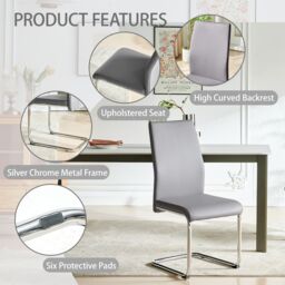 SONARA Modern Faux Leather Dining Chairs Set with Chrome Metal Legs in Grey - Size: 4 Pack - thumbnail 7