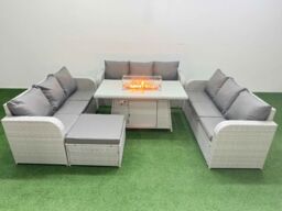 Fimous PE Rattan Lounge Sofa Set 10 Seater Outdoor Garden Furniture Set with Firepit Dining Table 3 Seater Sofa Big Footstool Light Grey - thumbnail 1