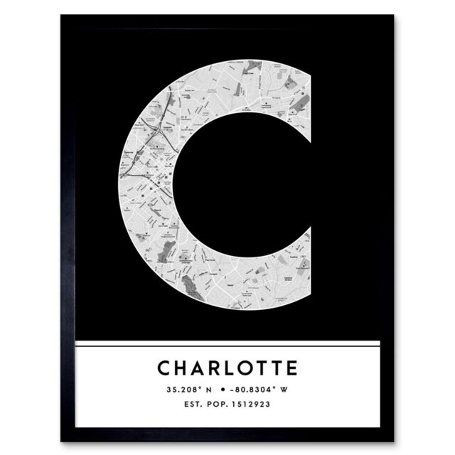 "Wee Blue Coo Wall Art Print Charlotte North Carolina United States City Map Modern Typography Stylish Letter Framed Word in Black - Size: W12"" x H16""" - image 1