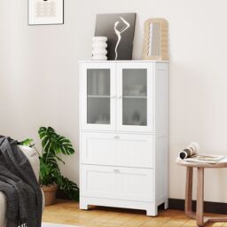 Costway Floor Cabinet Freestanding Bathroom Storage Cabinet in White - thumbnail 4