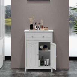 Gymax Bathroom Storage Cabinet Free Standing Bathroom Cabinet in White - thumbnail 8