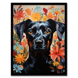 Artery8 Wall Art Print The Good Dog Floral German Pinscher Portrait Framed Picture - Size: A4 - thumbnail 1