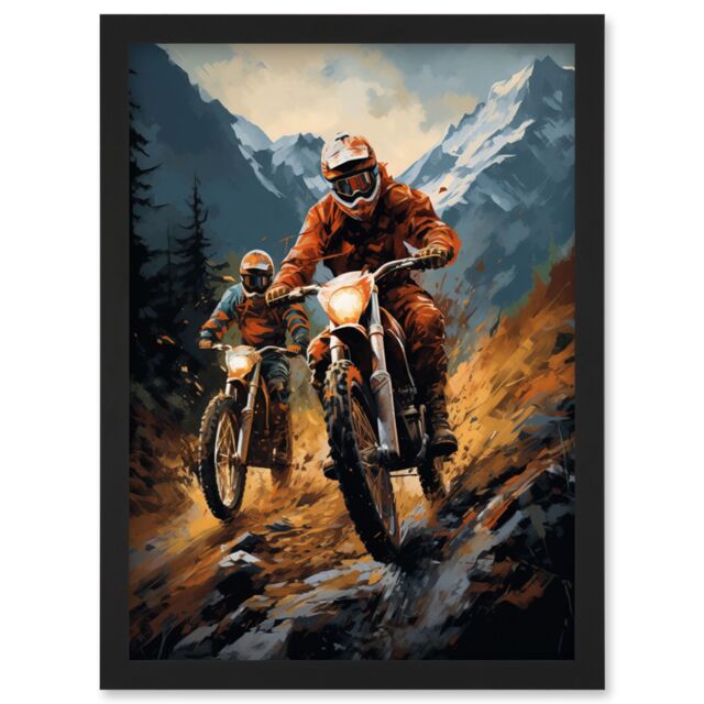 Artery8 Wall Art Print Motocross Bikers Racing Action Shot Oil Painting Stone Blue Orange Scenic Mountain Landscape Artwork Framed A4 in Black - image 1