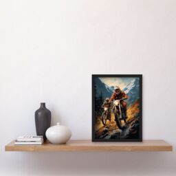 Artery8 Wall Art Print Motocross Bikers Racing Action Shot Oil Painting Stone Blue Orange Scenic Mountain Landscape Artwork Framed A4 in Black - thumbnail 2