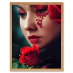 "Artery8 Wall Art Print Portrait Of Melancholic Woman With Red Roses Painting Art Framed in Light Oak - Size: W12"" x H16""" - thumbnail 1