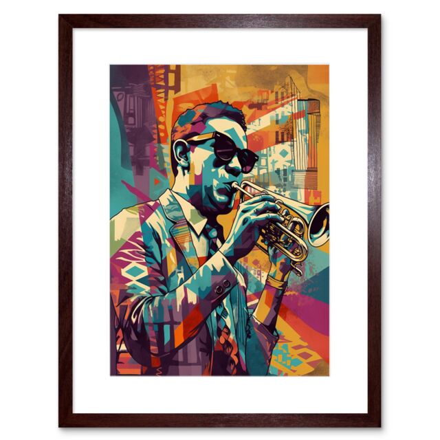 "Artery8 Wall Art Print Trumpet Player Jazz Musician with Sunglasses Modern Colour Linocut Artwork Framed 9X7 Inch in Brown - Size: W7"" x H9""" - image 1