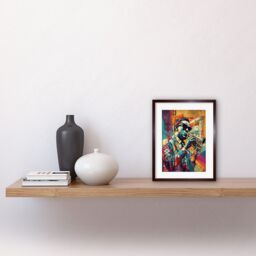 "Artery8 Wall Art Print Trumpet Player Jazz Musician with Sunglasses Modern Colour Linocut Artwork Framed 9X7 Inch in Brown - Size: W7"" x H9""" - thumbnail 2