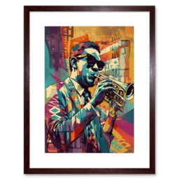 "Artery8 Wall Art Print Trumpet Player Jazz Musician with Sunglasses Modern Colour Linocut Artwork Framed 9X7 Inch in Brown - Size: W7"" x H9""" - thumbnail 1