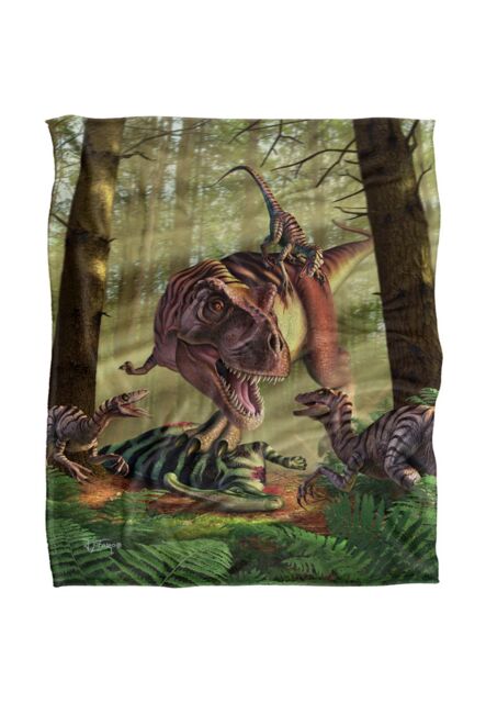JQ Licensing Jlo T-Rex & Raptor Dinosaur Fight Silky Touch Super Soft Throw Blanket 152 X 127 cm in White - image 1