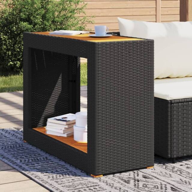 Berkfield Home Garden Side Table with Wooden Top Black 100x40x75 cm Poly Rattan - Size: 100 x 40 x 75 cm - image 1